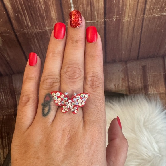 Butterfly Red Ring with Rhinestones Adjustable One Size - Picture 4 of 7
